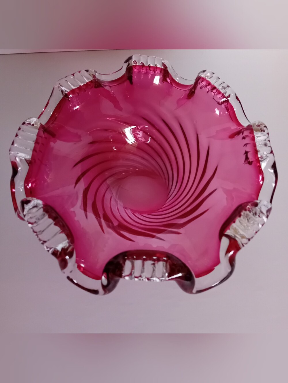 Vintage Chalet Glass Cranberry Ruffled Decorative Bowl - Swirl Design